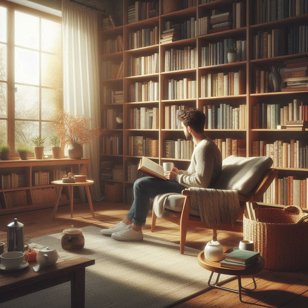 1人で読書をしているところ